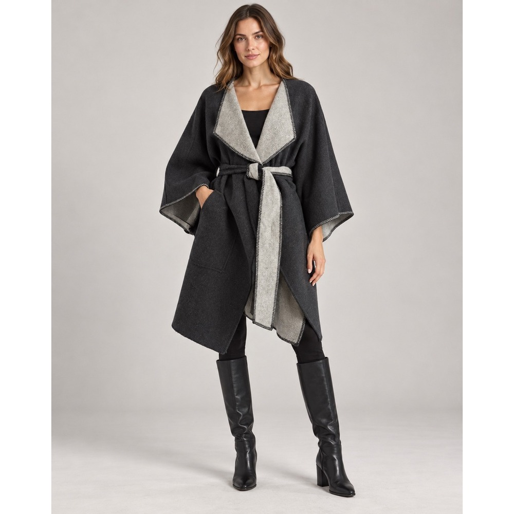 Lundstrom Women Wool Blend Reversible Wrap Coat Grey Belted Kimono Large